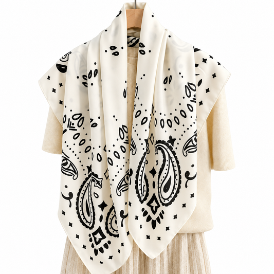 Black & Ivory Paisley Print Square Scarf – 90 × 90 cm